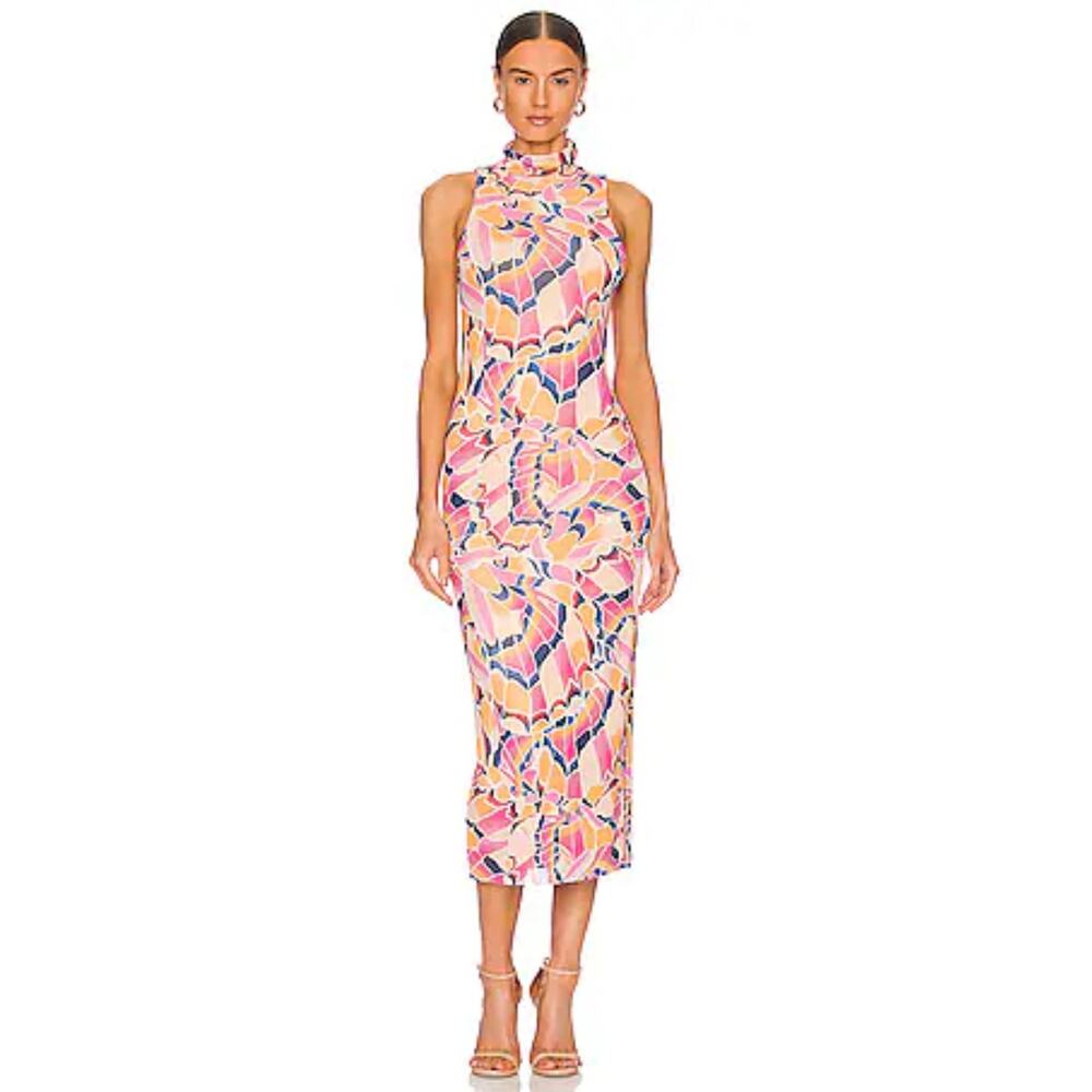 AFRM Poste Sleeveless Lined Mesh Midi Sheath Dress Summer Butterfly Mock Neck XL